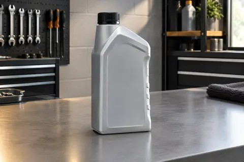 Flacon d’un litre de liquide de frein Valeo DOT 5.1 posé sur un établi d’atelier automobile.