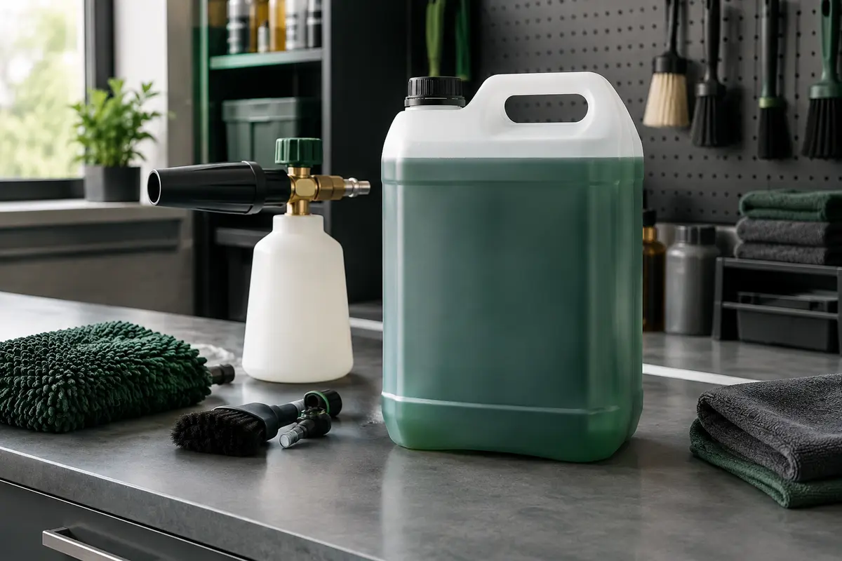Contenant de mousse de prélavage automobile de 5 litres posé sur un établi dans un atelier propre