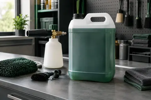 Contenant de mousse de prélavage automobile de 5 litres posé sur un établi dans un atelier propre