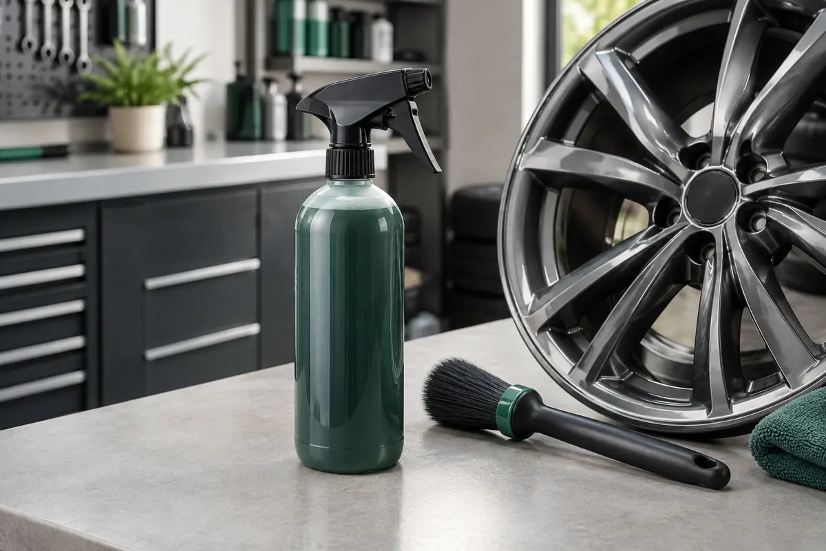 Flacon de nettoyant jantes à pompe près d’une roue en alliage et d’une brosse dans un atelier propre.