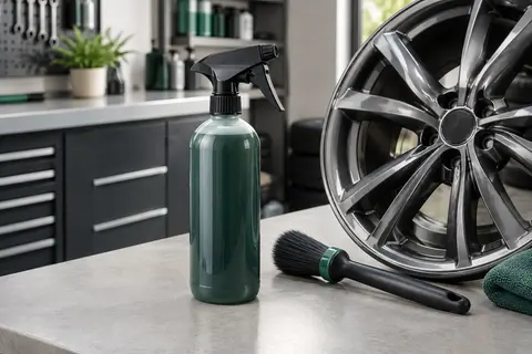 Flacon de nettoyant jantes à pompe près d’une roue en alliage et d’une brosse dans un atelier propre.