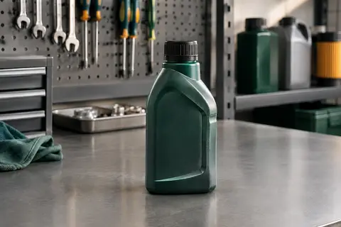Flacon d’additif liquide Wynn’s Super Charge posé sur un établi dans un atelier automobile propre.