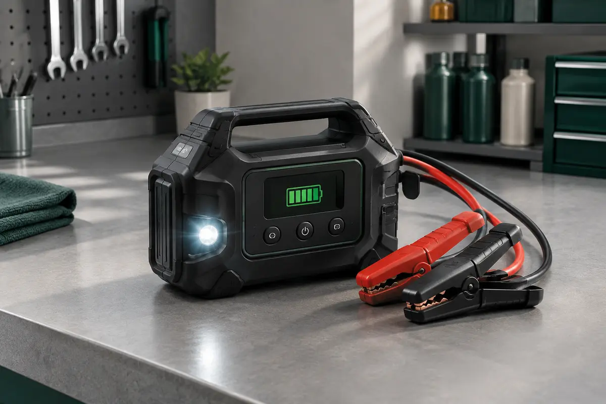 Booster de batterie noir avec écran LCD, pinces intelligentes et lampe LED posé sur un établi d’atelier.