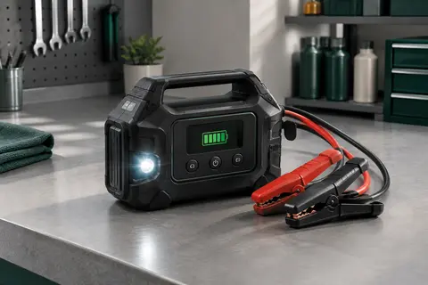 Booster de batterie noir avec écran LCD, pinces intelligentes et lampe LED posé sur un établi d’atelier.