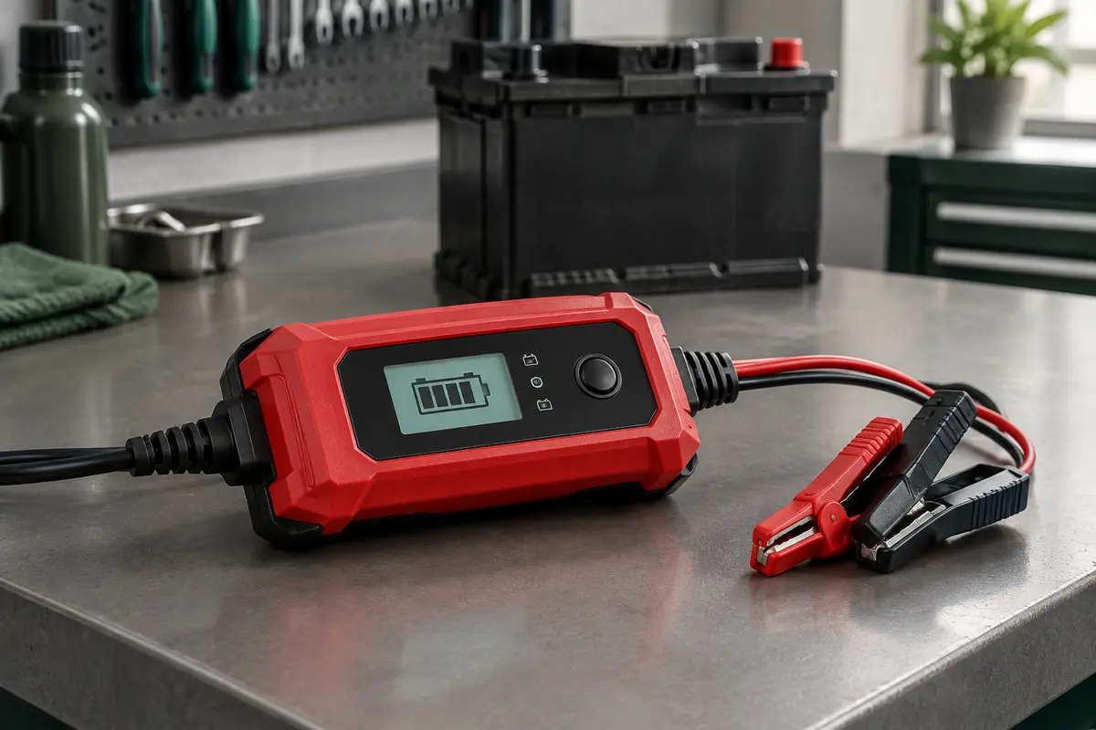 Chargeur de batterie rouge avec écran LCD posé sur un établi dans un atelier automobile