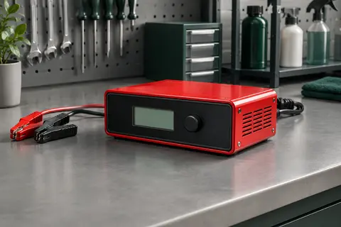 Chargeur de batterie rouge avec écran LCD posé sur un établi gris dans un atelier automobile.