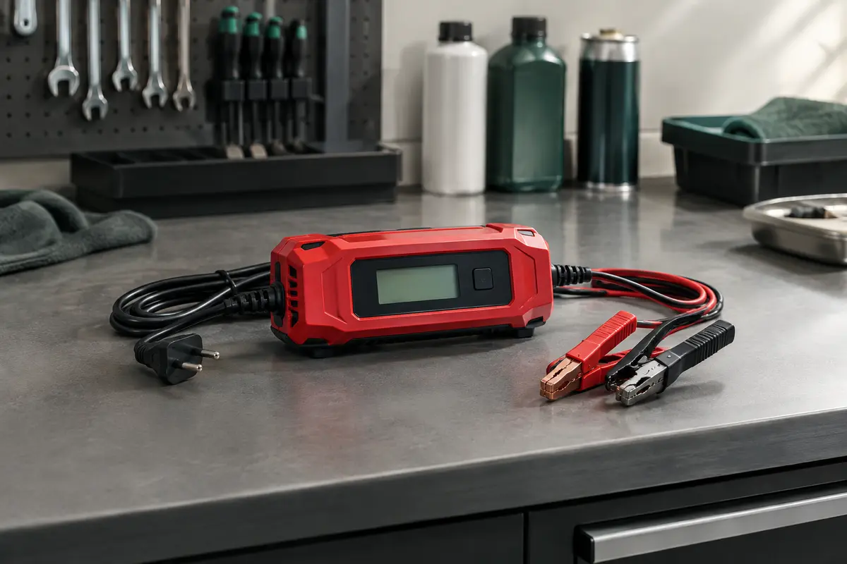 Chargeur de batterie rouge avec écran LCD posé sur un établi gris dans un atelier automobile