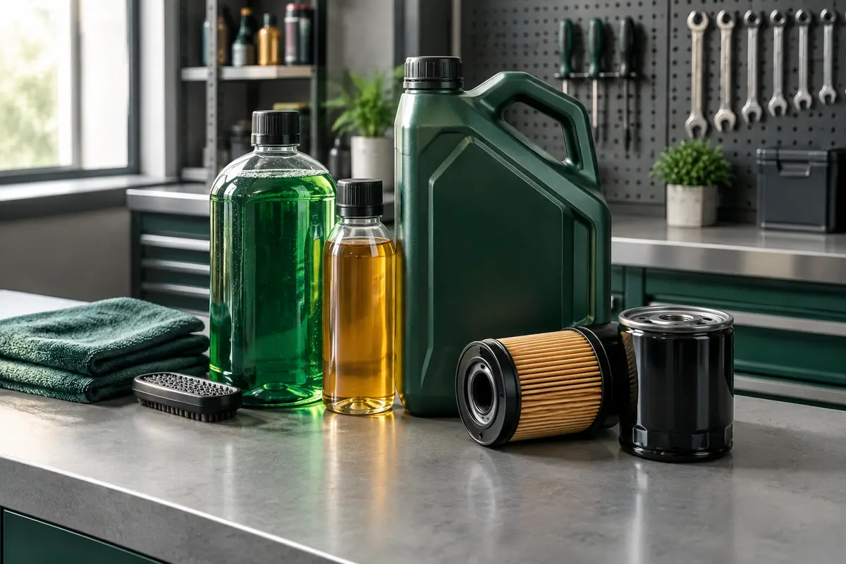 Produits d’entretien automobile présentés sur un établi, entre lavage de carrosserie, fluides et filtres.